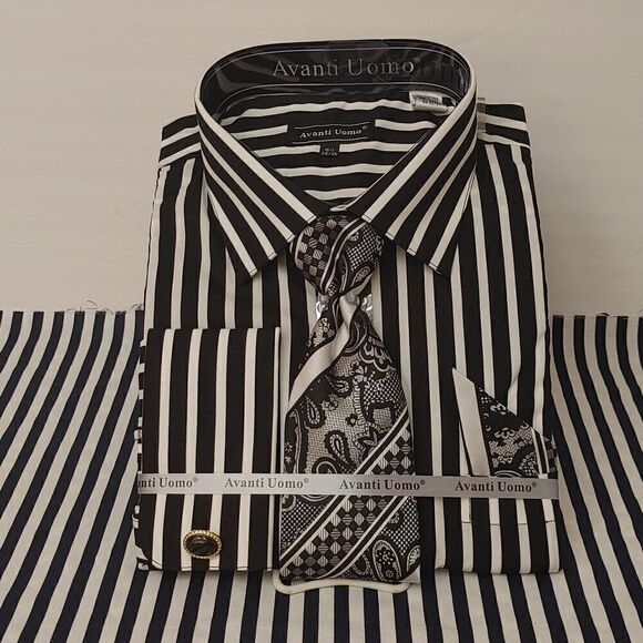 MEN'S AVANTI UOMO BLACK & WHITE BOLD STRIPE DRESS SHIRT COMBO. - Picture 1 of 4